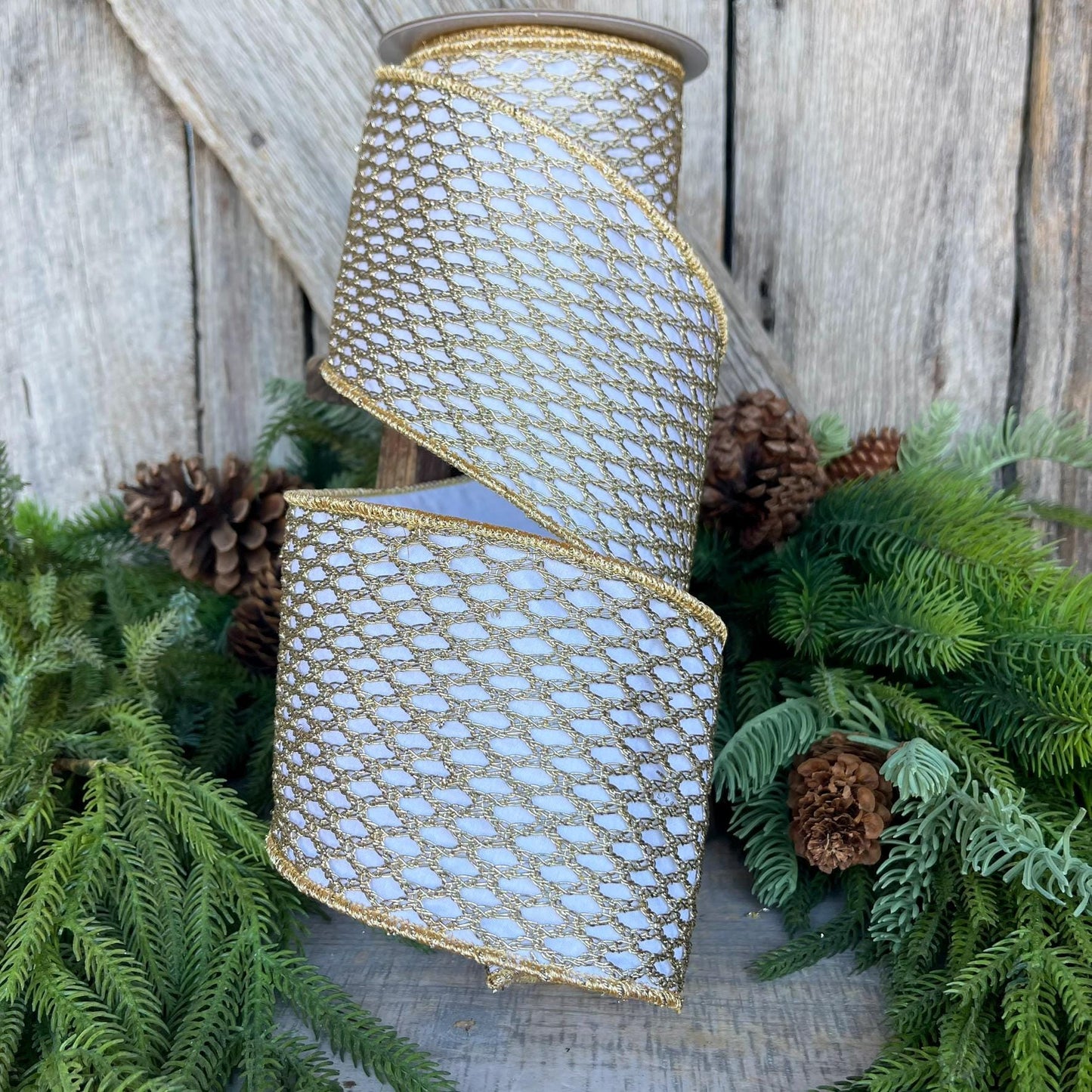 4" White Gold Ribbon, Farrisilk Ribbon, Gold lattice ribbon
