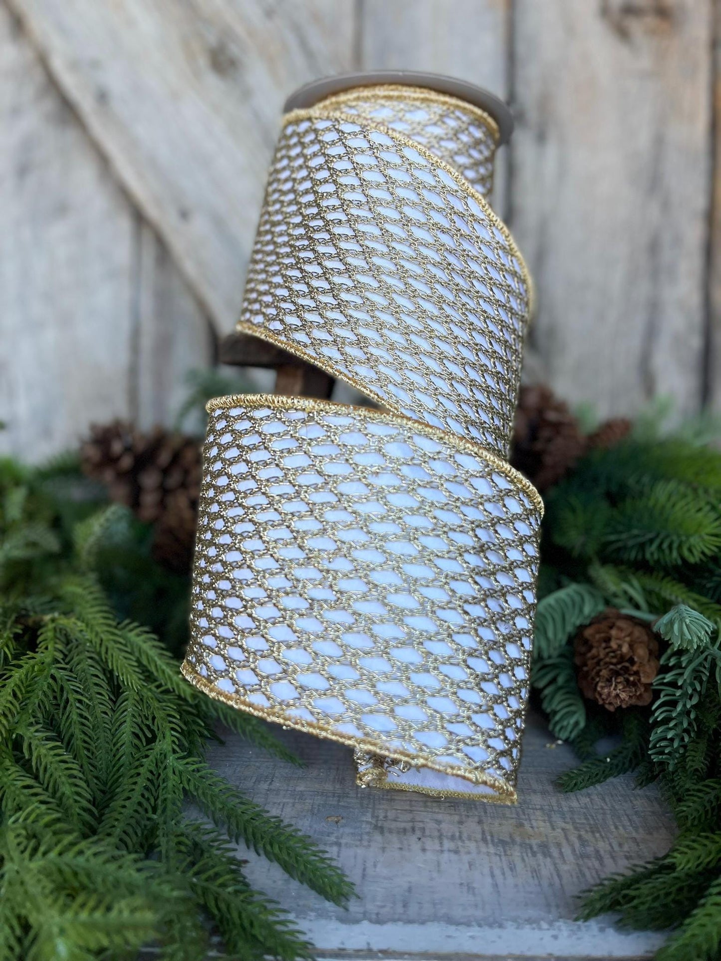 4" White Gold Ribbon, Farrisilk Ribbon, Gold lattice ribbon