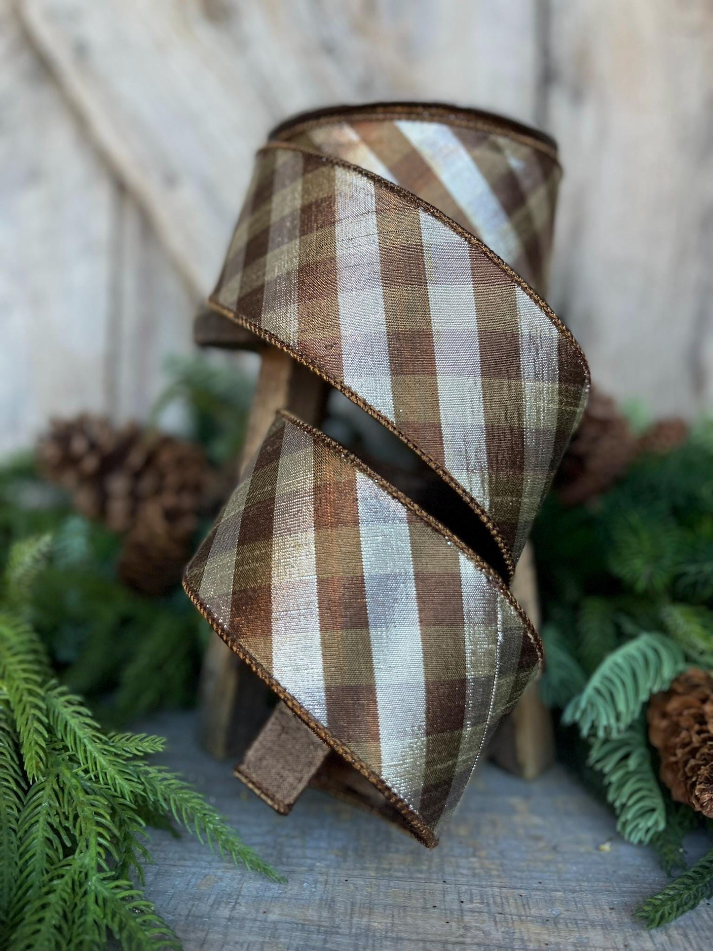 2.5" Platinum Bronze Metallic Checks, Farrisilk Ribbon, Fall Ribbon