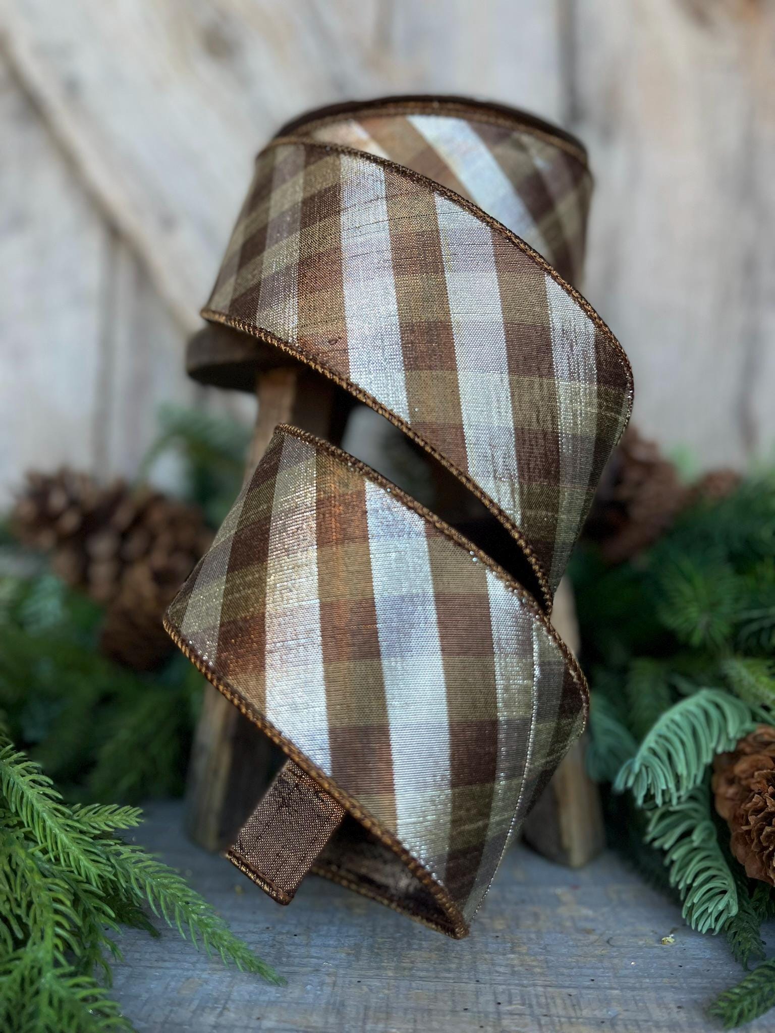 2.5" Platinum Bronze Metallic Checks, Farrisilk Ribbon