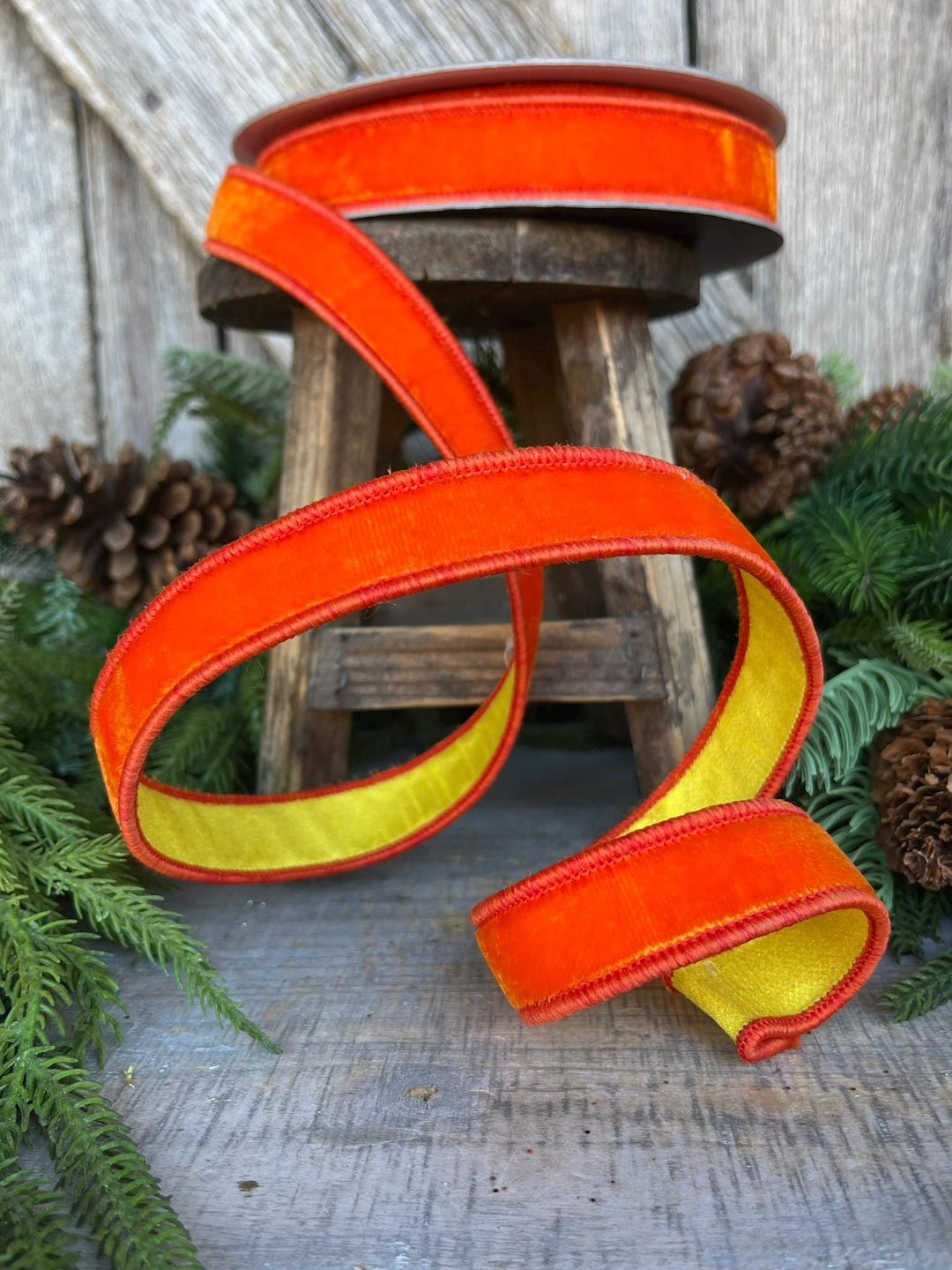 1" Orange Yellow Velvet RIbbon, Farrisilk Ribbon, Wired Ribbon
