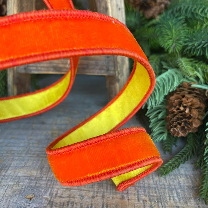 1" Orange Yellow Velvet RIbbon, Farrisilk Ribbon, Wired Ribbon