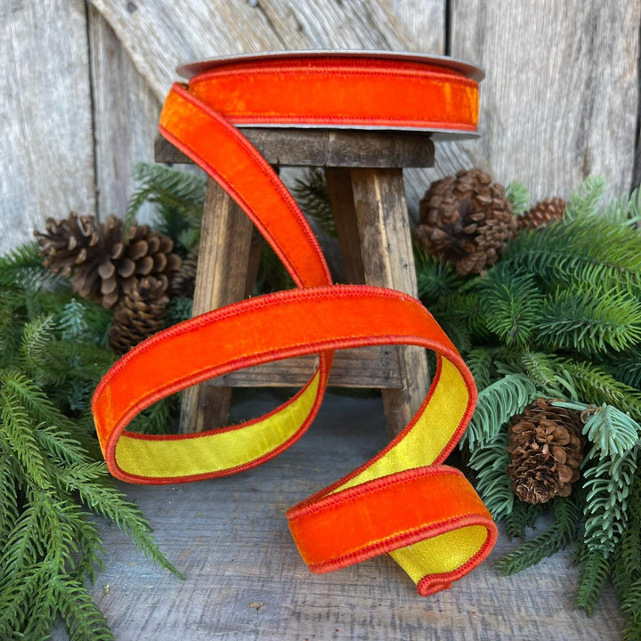 1" Orange Yellow Velvet RIbbon, Farrisilk Ribbon, Wired Ribbon