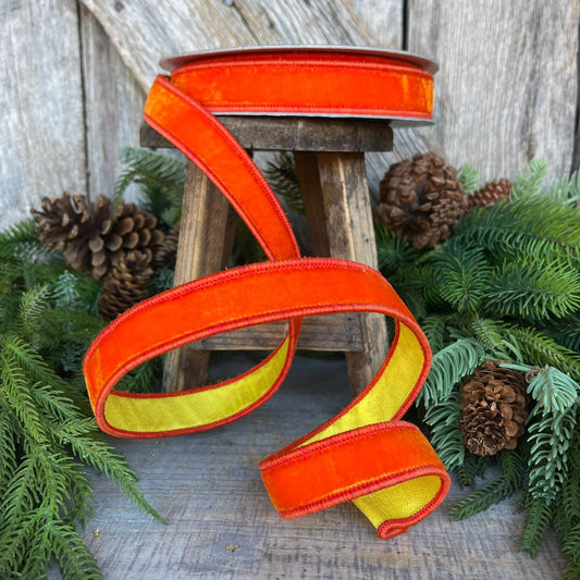 1" Orange Yellow Velvet RIbbon, Farrisilk Ribbon, Wired Ribbon