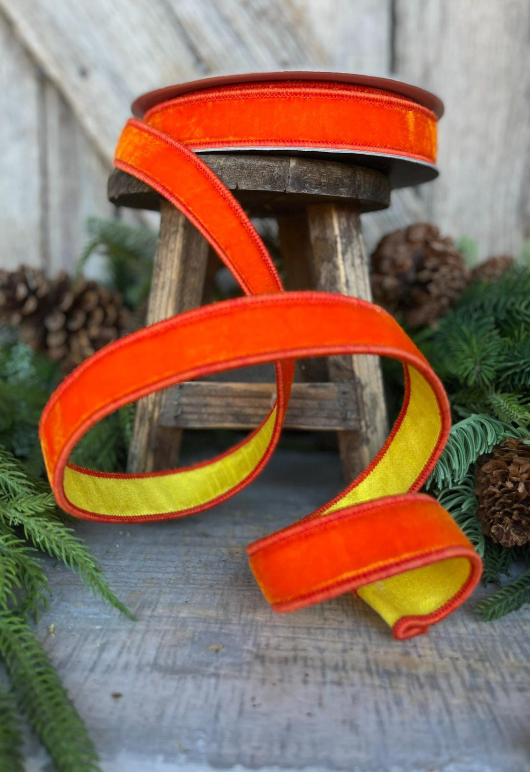 1" Orange Yellow Velvet RIbbon, Farrisilk Ribbon, Wired Ribbon