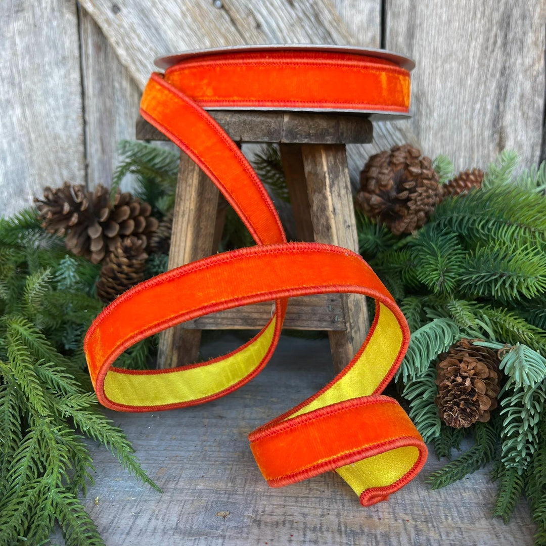 1" Orange Yellow Velvet RIbbon, Farrisilk Ribbon, Wired Ribbon