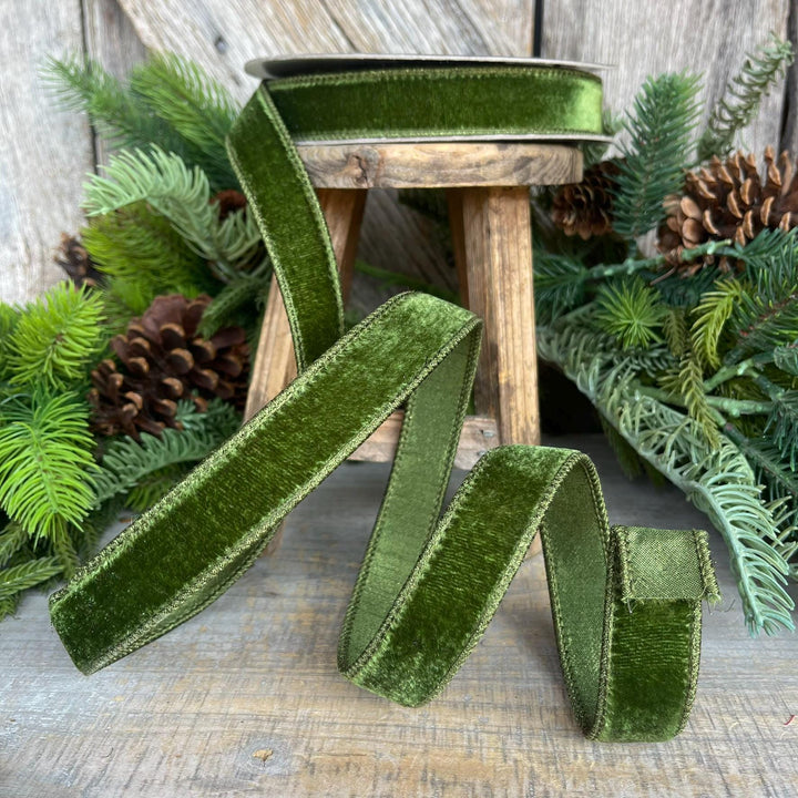 1" Forest Green Velvet Ribbon, Farrisilk Ribbon, Wired Ribbon