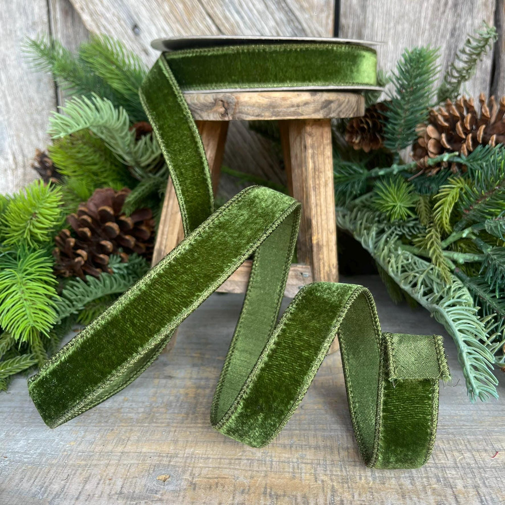 1" Forest Green Velvet Ribbon, Farrisilk Ribbon, Wired Ribbon
