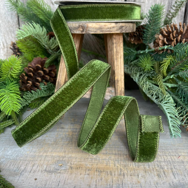 1" Forest Green Velvet Ribbon, Farrisilk Ribbon, Wired Ribbon