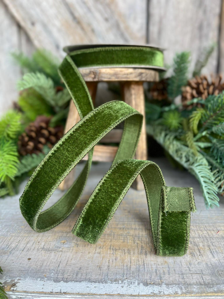 1" Forest Green Velvet Ribbon, Farrisilk Ribbon, Wired Ribbon