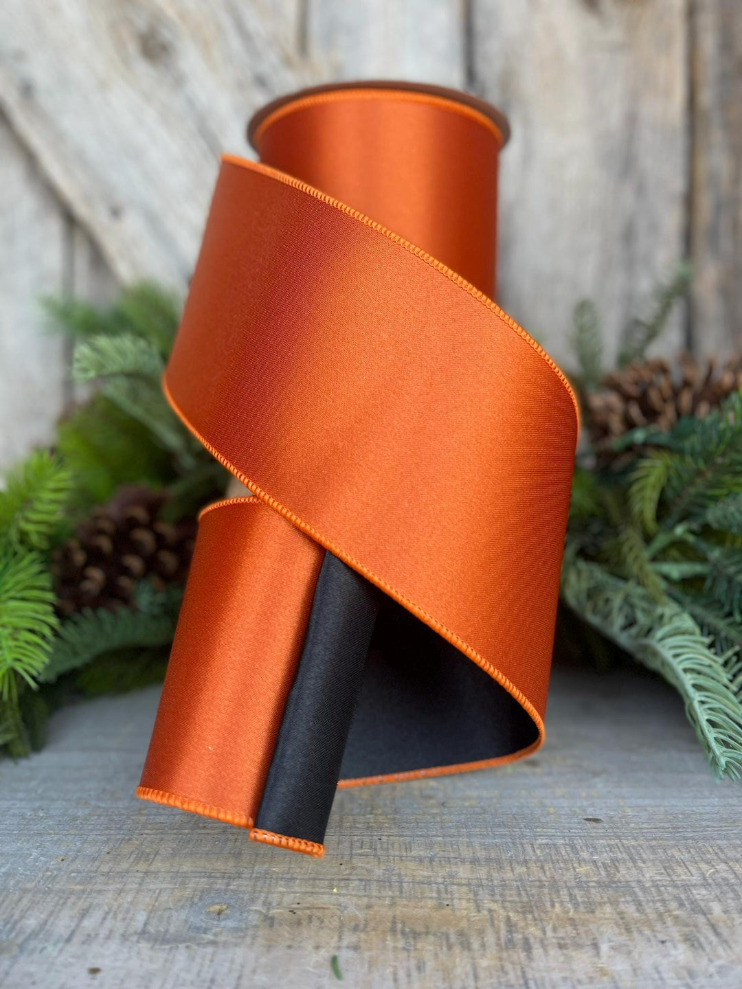 4" Orange Black Satin Ribbon, Farrisilk Ribbon, Wired Ribbon