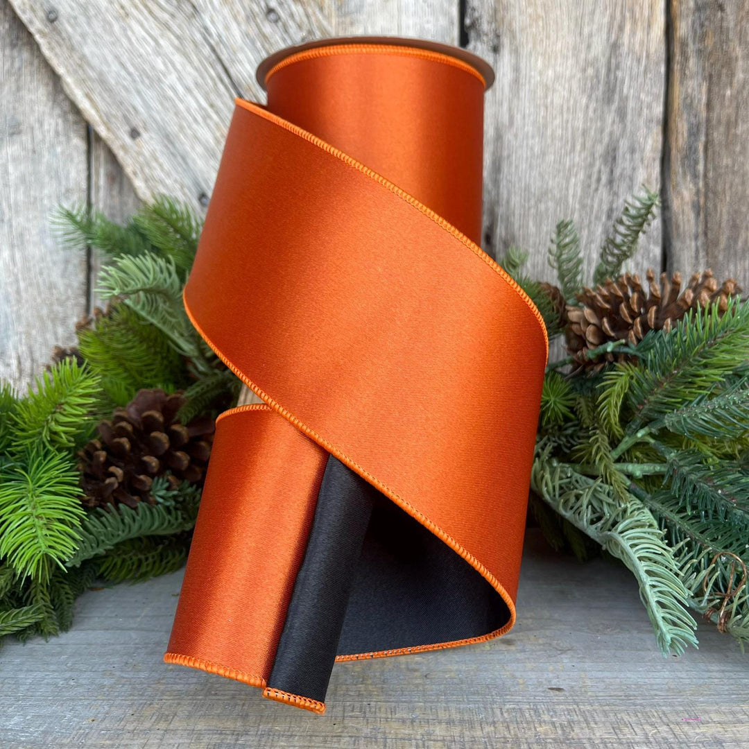 4" Orange Black Satin Ribbon, Farrisilk Ribbon, Wired Ribbon