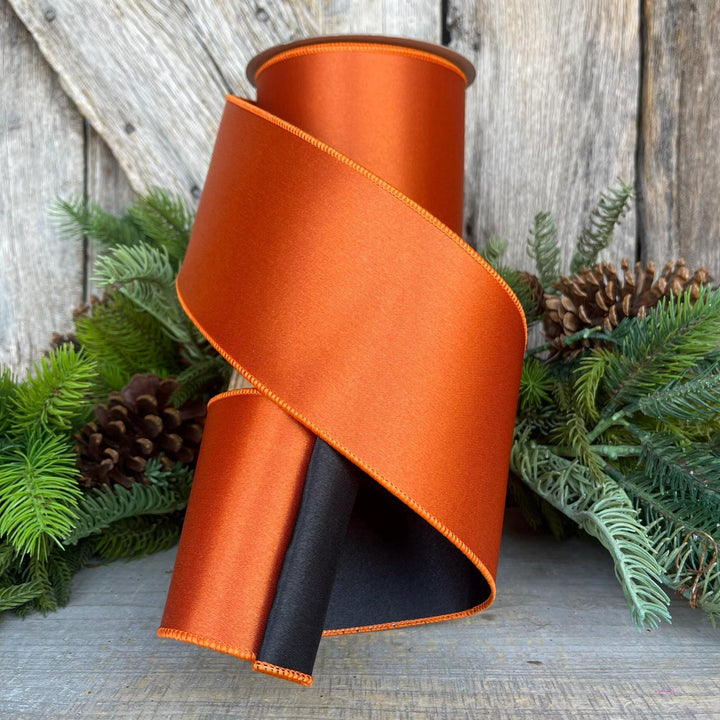 4" Orange Black Satin Ribbon, Farrisilk Ribbon, Wired Ribbon