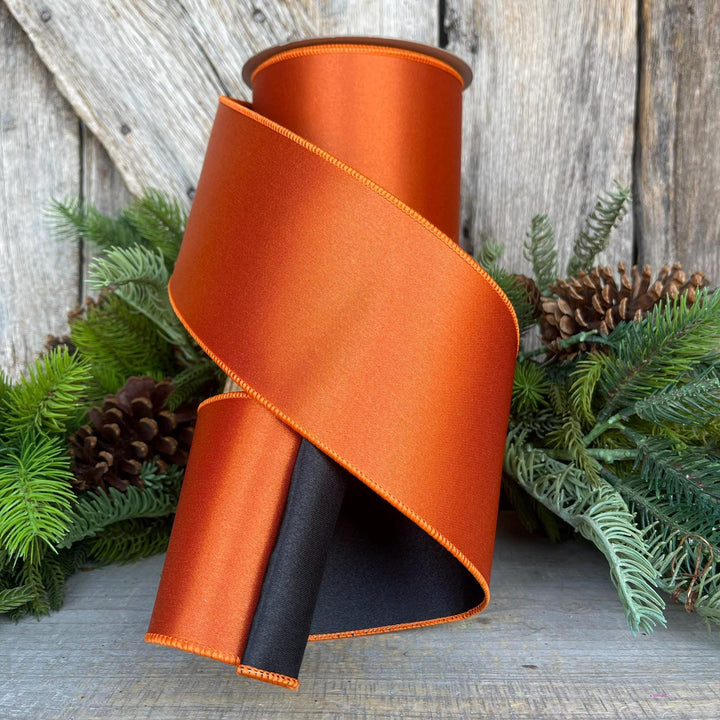4" Orange Black Satin Ribbon, Farrisilk Ribbon, Wired Ribbon