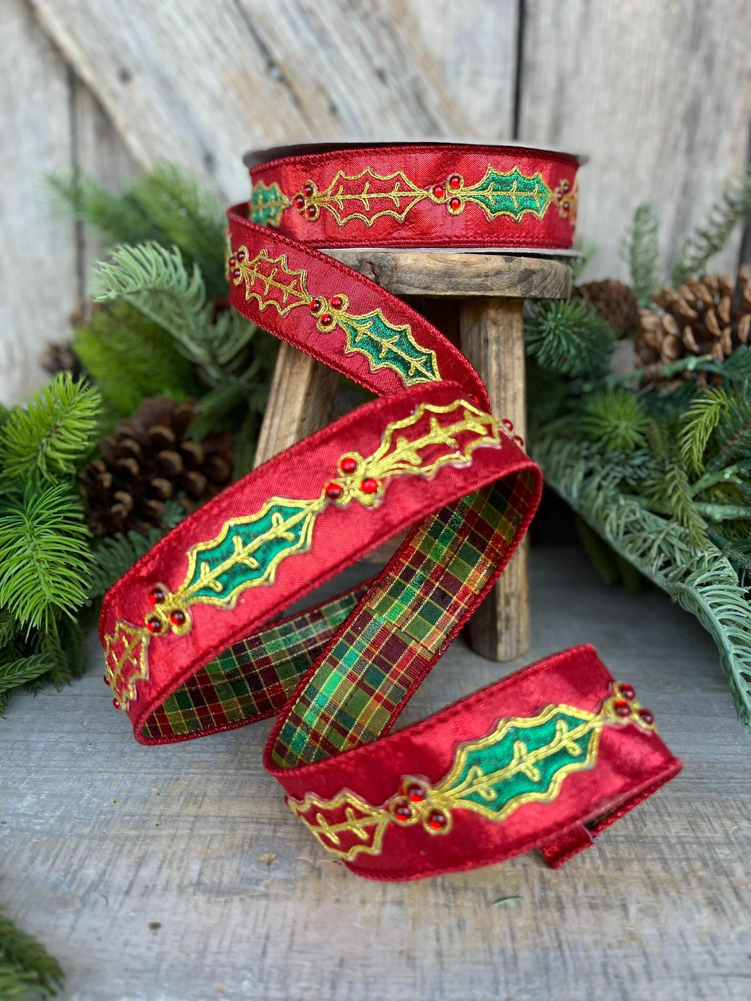 1.5" Red Holly Leaf Ribbon, Farrisilk RIbbon