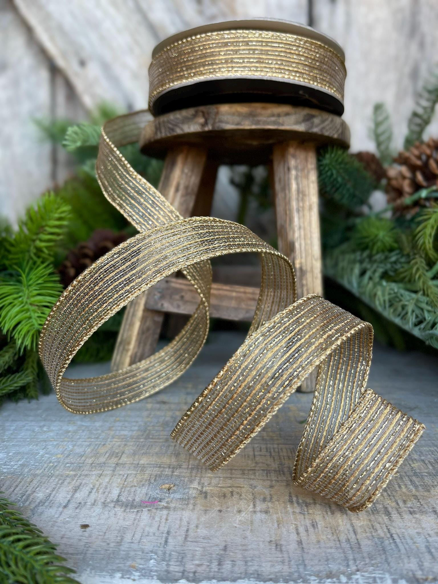 1" Gold Tinsel Shimmer Ribbon, Farrisilk Ribbon, Gold Ribbon