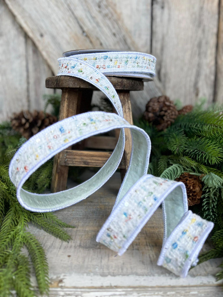 1" White Confetti Tweed Ribbon, Farrisilk Ribbon, Christmas Ribbon
