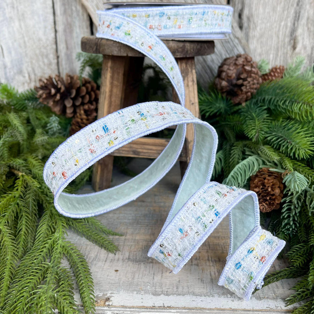 1" White Confetti Tweed Ribbon, Farrisilk Ribbon