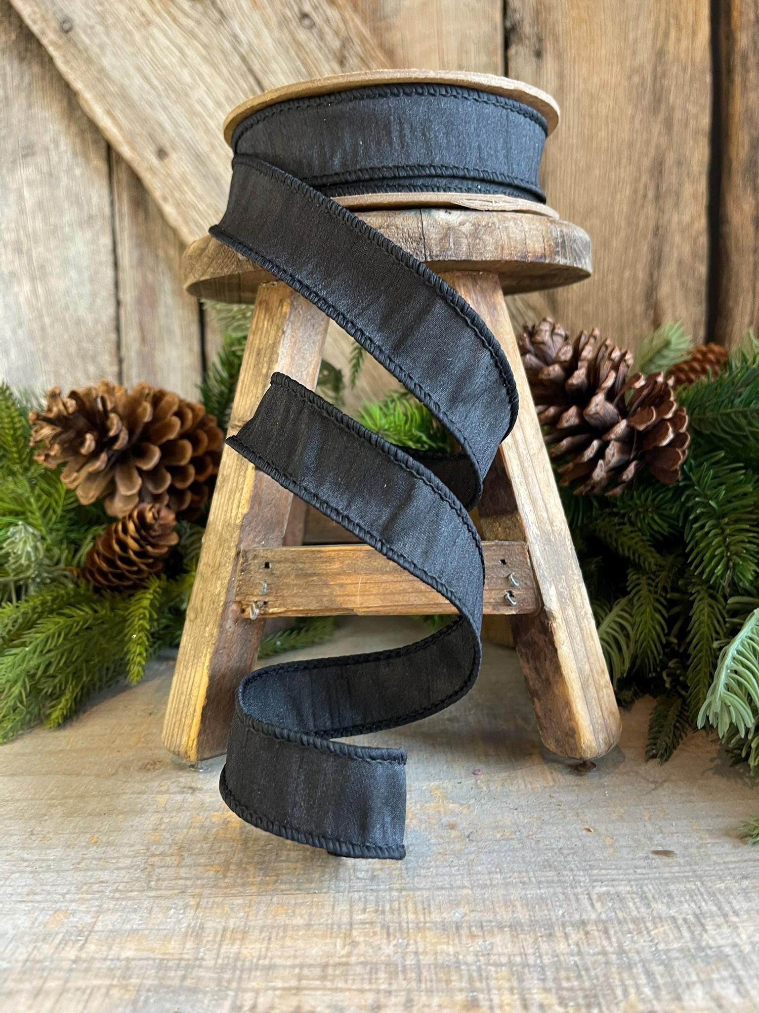 1" Black Dupioni Ribbon, Black WIred Ribbon, Fall Ribbon