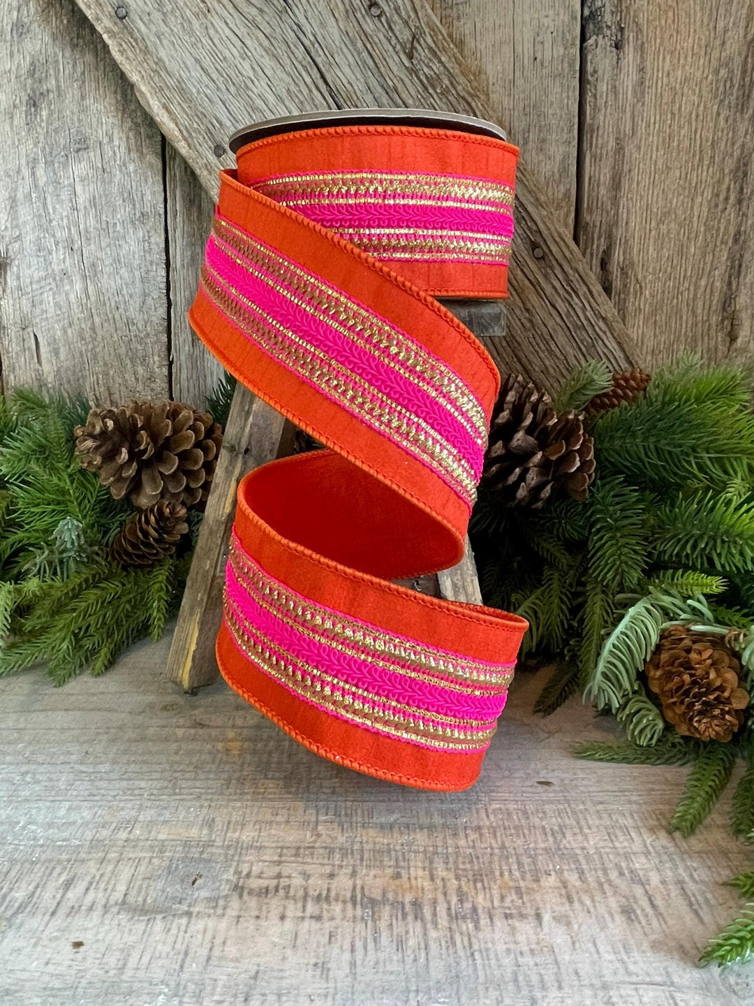 2.5" Orange &amp; Pink Stripe Ribbon, Christmas Ribbon, Pinkmas Ribon