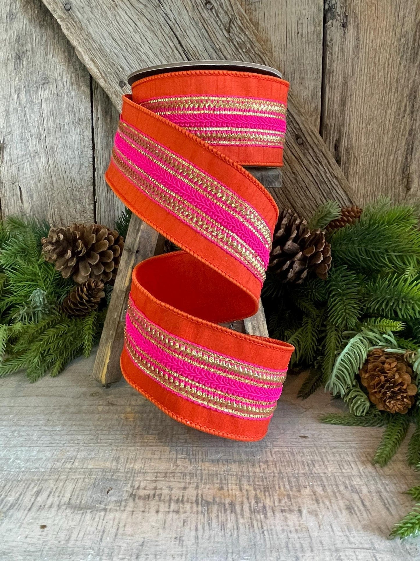 2.5" Orange & Pink Stripe Ribbon, Christmas Ribbon, Pinkmas Ribon