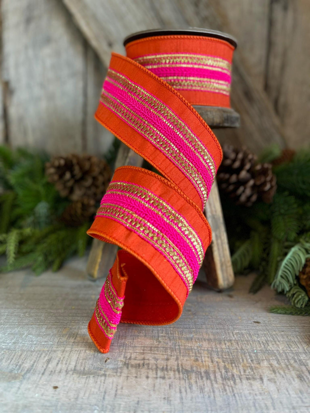 2.5" Orange &amp; Pink Stripe Ribbon, Christmas Ribbon, Pinkmas Ribon
