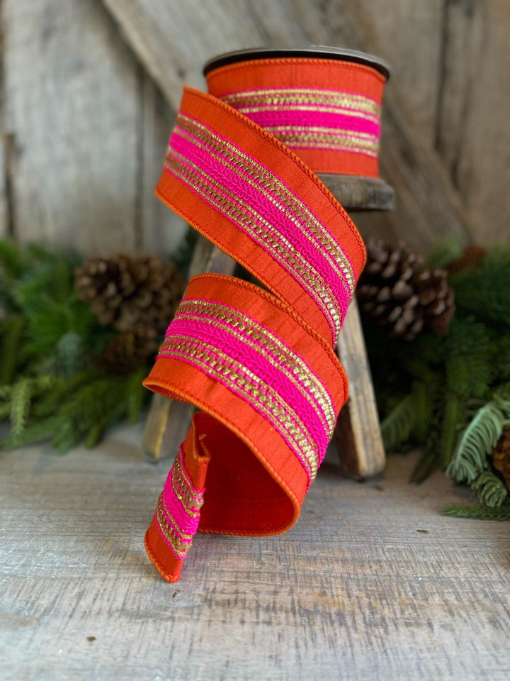2.5" Orange &amp; Pink Stripe Ribbon, Christmas Ribbon, Pinkmas Ribon