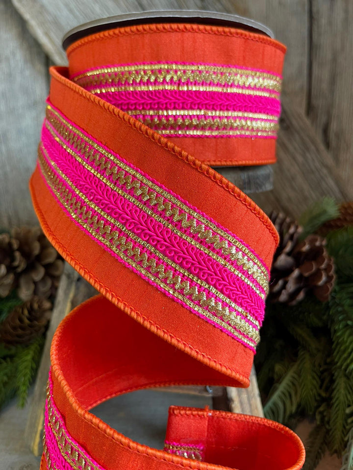 2.5" Orange &amp; Pink Stripe Ribbon, Christmas Ribbon, Pinkmas Ribon