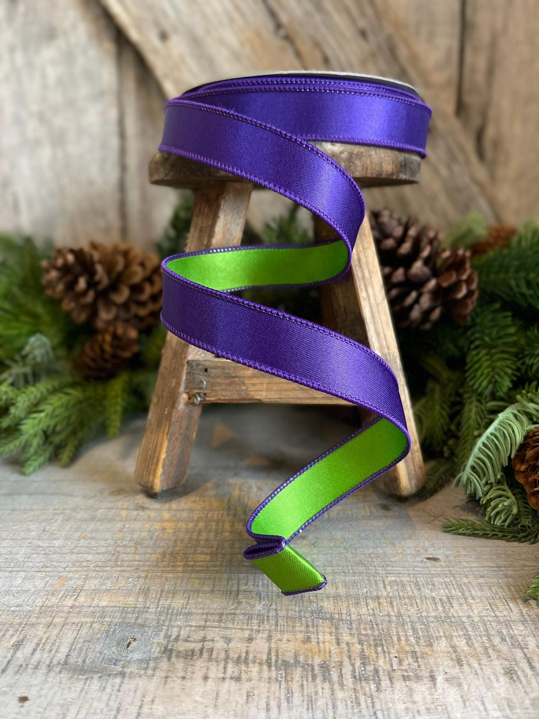 1" Purple Green Satin Ribbon, Farrisilk Ribbon, Wired Ribbon