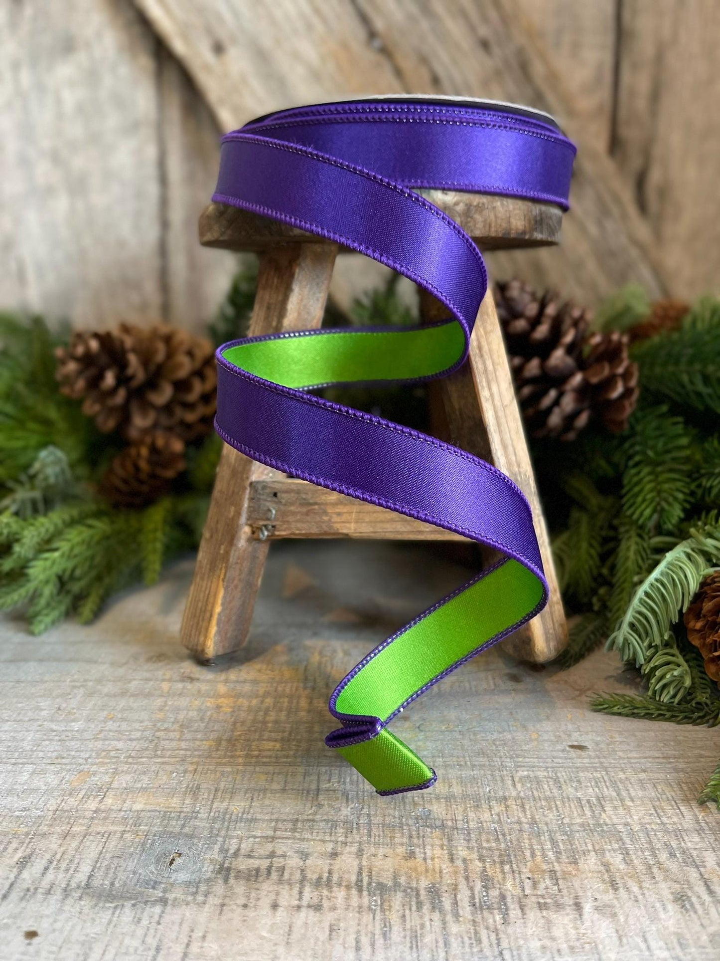 1" Purple Green Satin Ribbon, Farrisilk Ribbon, Wired Ribbon