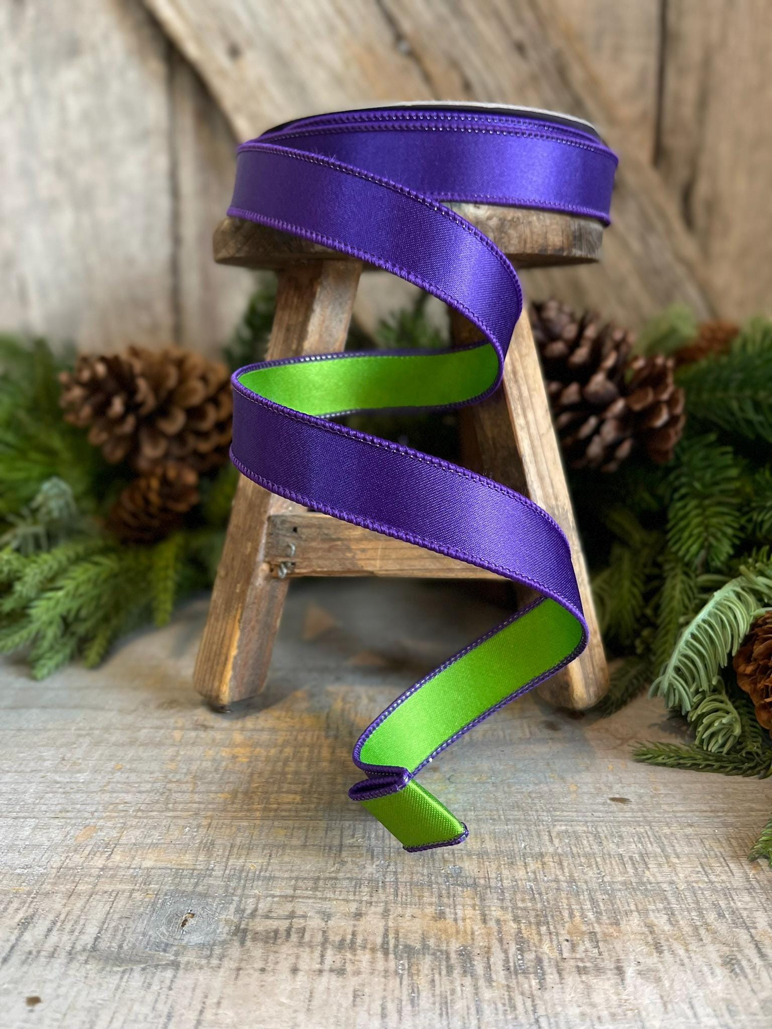 1" Purple Green Satin Ribbon, Farrisilk Ribbon, Wired Ribbon