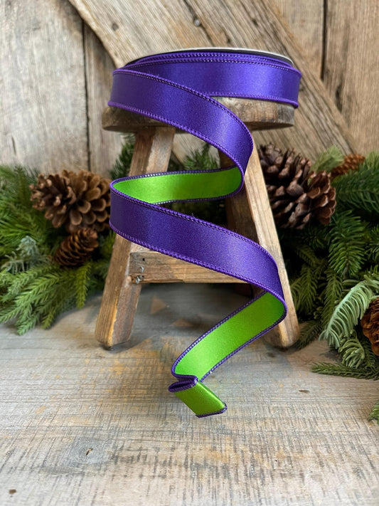 1" Purple Green Satin Ribbon, Farrisilk Ribbon, Wired Ribbon