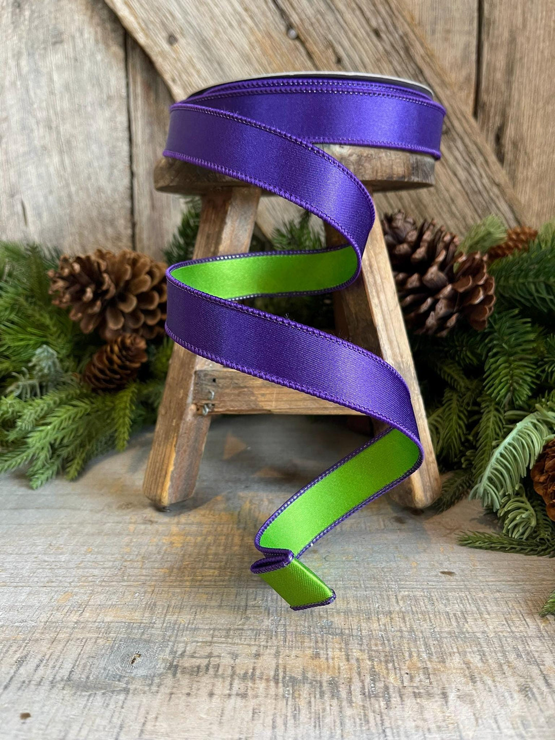1" Purple Green Satin Ribbon, Farrisilk Ribbon, Wired Ribbon