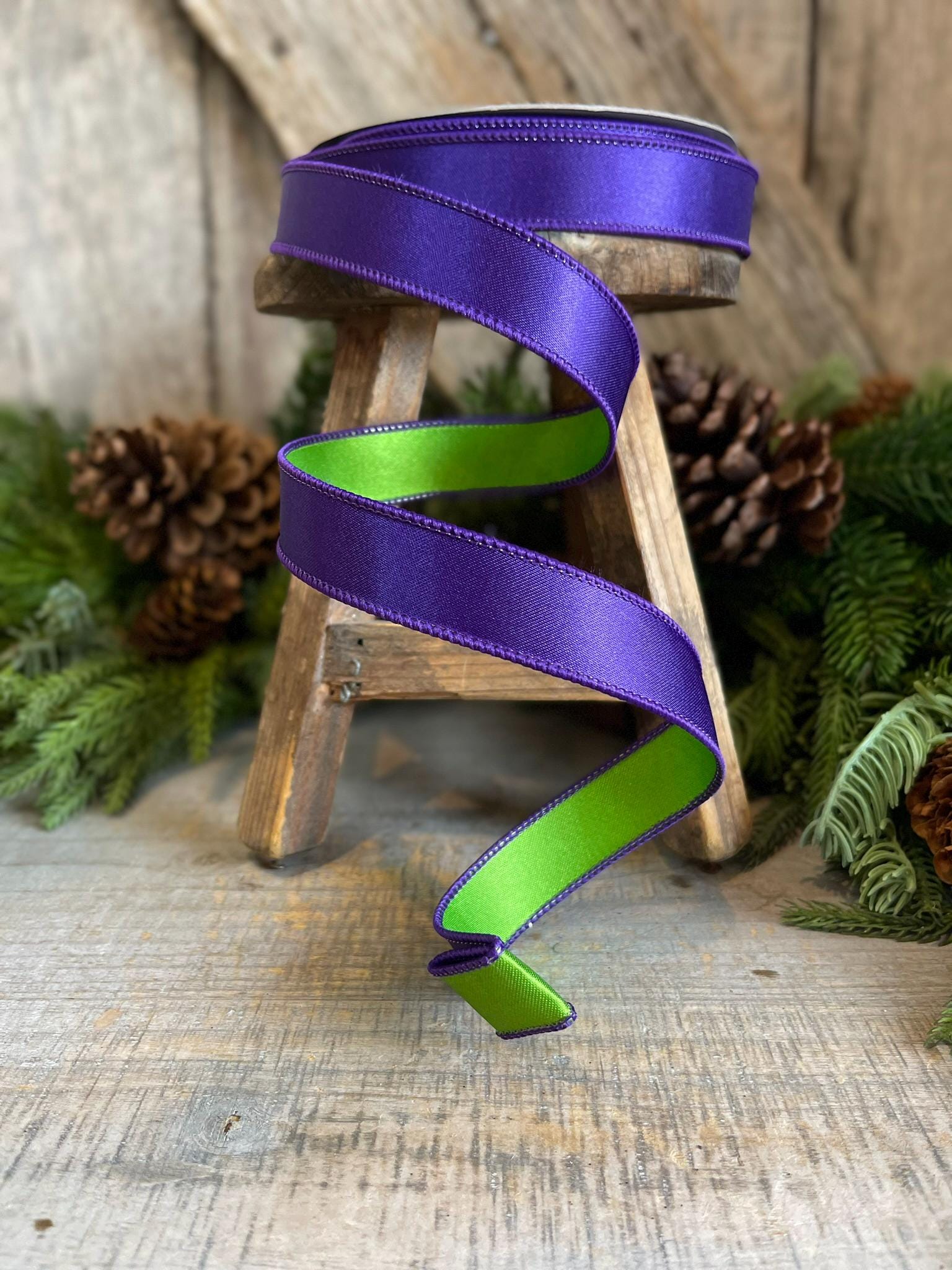 1" Purple Green Satin Ribbon, Farrisilk Ribbon, Wired Ribbon