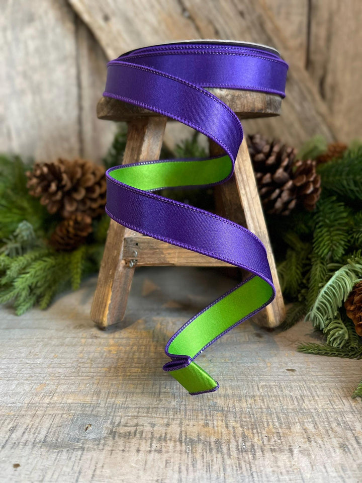 1" Purple Green Satin Ribbon, Farrisilk Ribbon, Wired Ribbon