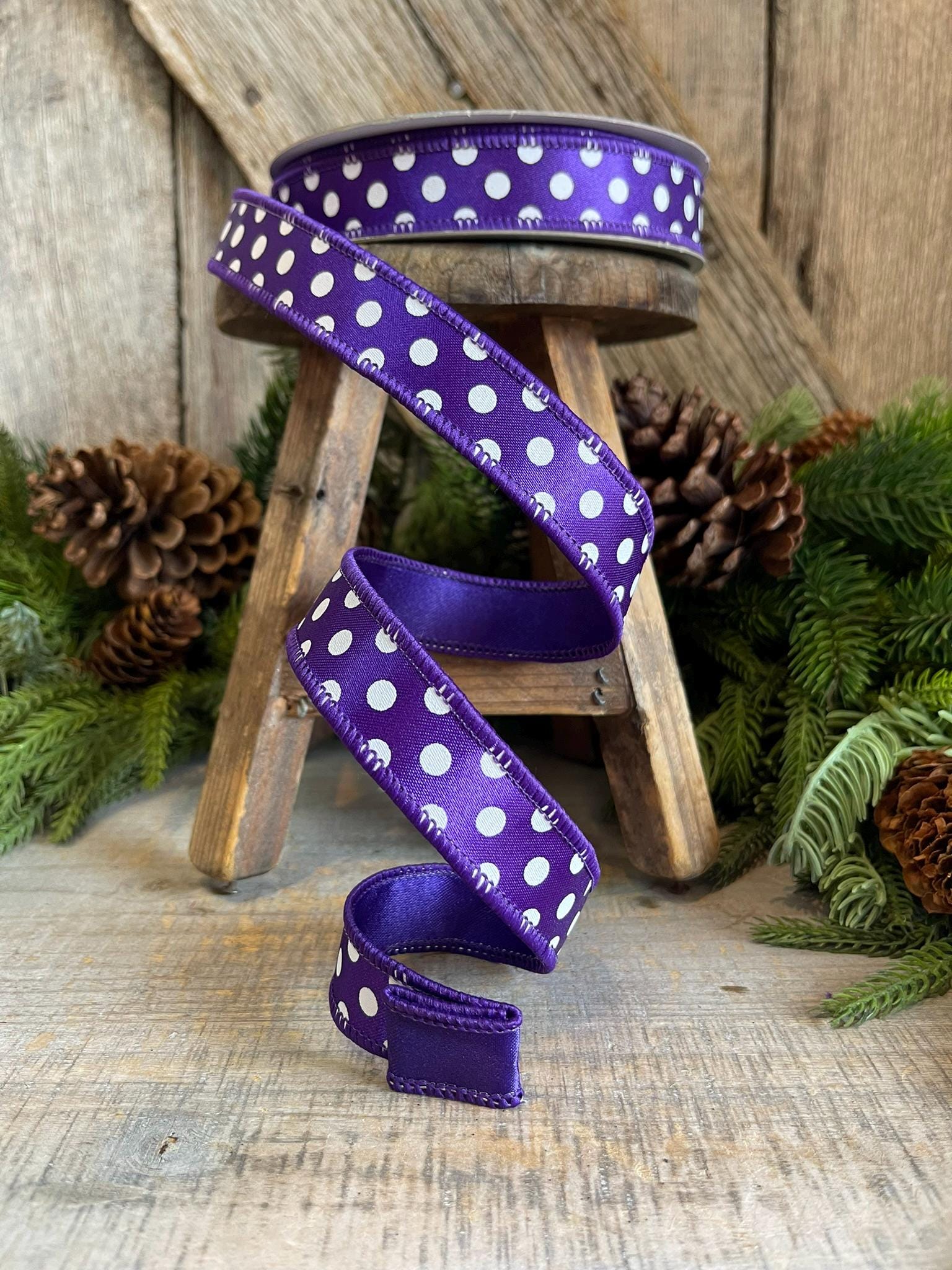 1" Purple Mini Dots, Farrisilk Ribbon, Wired Ribbon