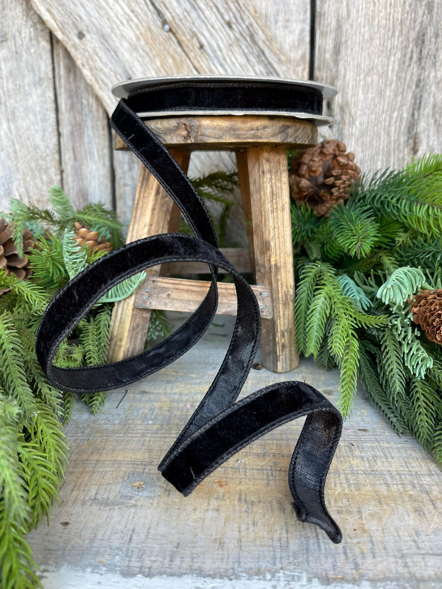 3/4" Black Velvet Luster Wired Ribbon, Farrisilk Ribbon, Velvet Ribbon