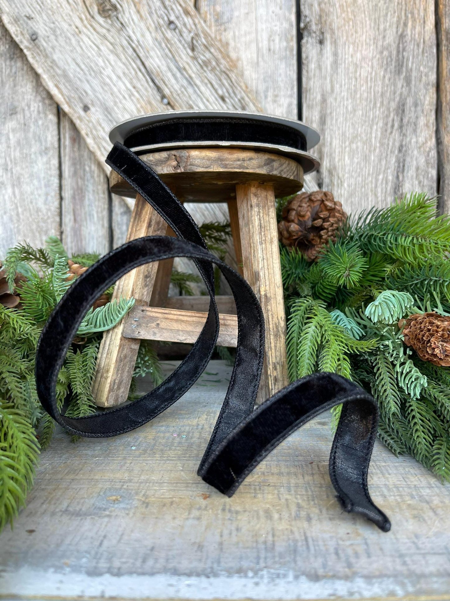 3/4" Black Velvet Luster Wired Ribbon, Farrisilk Ribbon, Velvet Ribbon