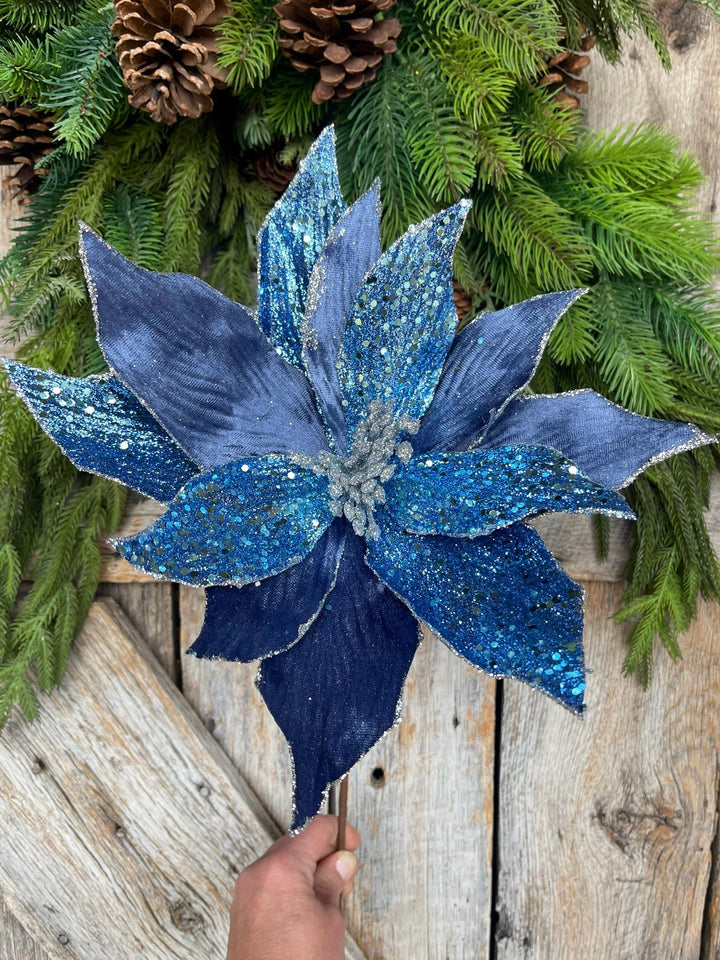 24" Blue Velvet Beaded Magnolia Stem, jeweled Christmas Spray, Holiday Decor