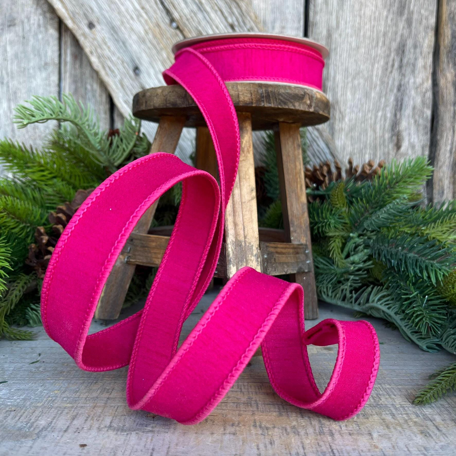 1” Hot Pink Dupion Ribbon, Farrisilk ribbon, wired ribbon