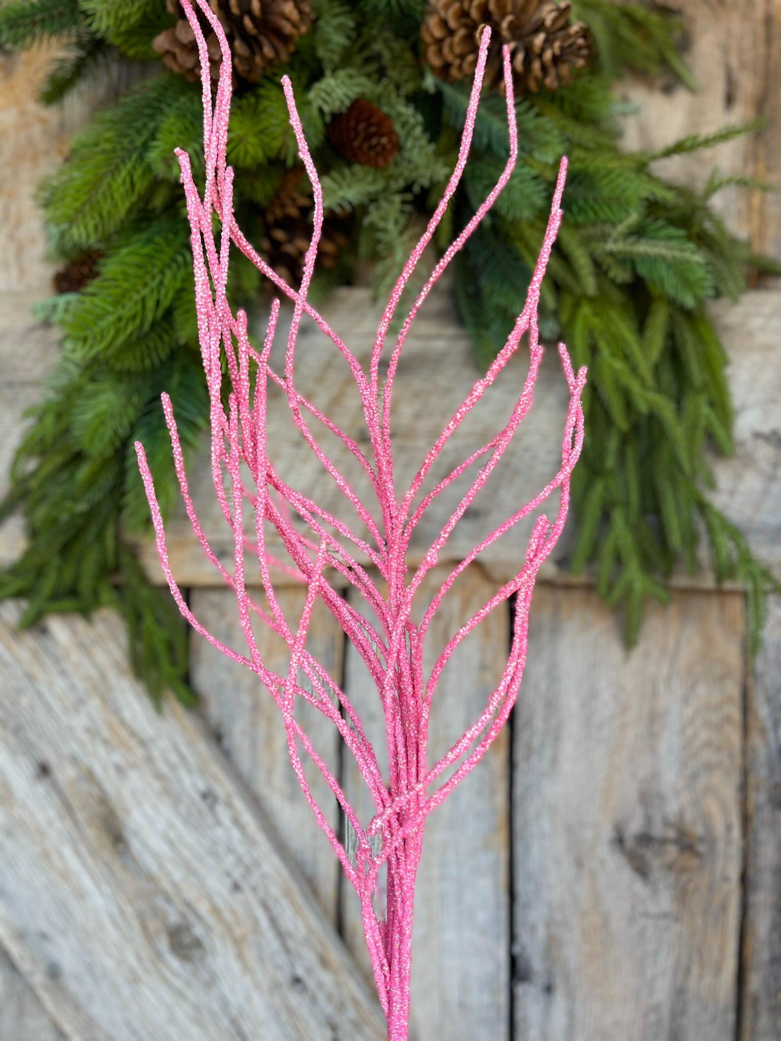 30" Pink Glitter Twig Christmas Spray, Pink Christmas Spray, Christmas Floral Stem
