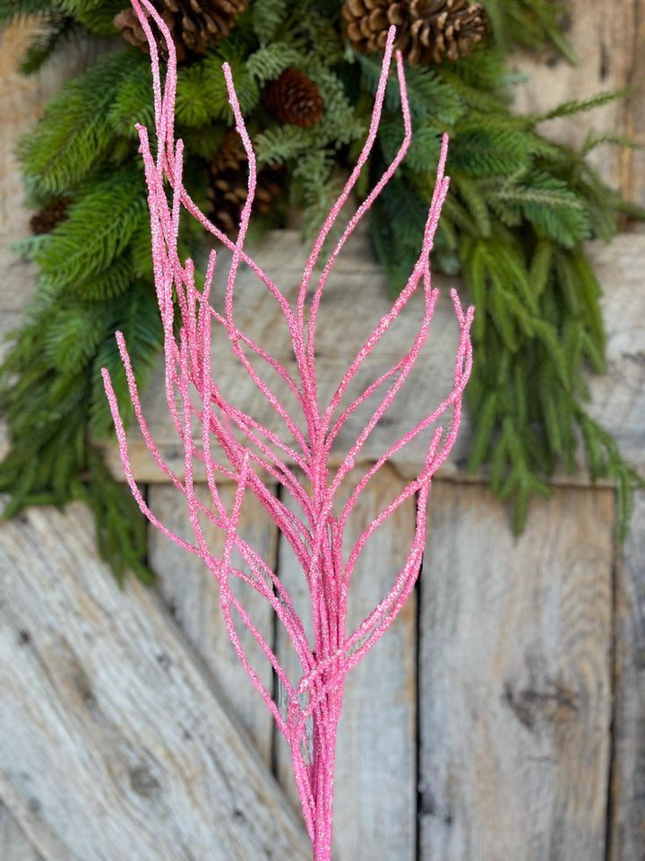 30" Pink Glitter Twig Christmas Spray, Pink Christmas Spray, Christmas Floral Stem