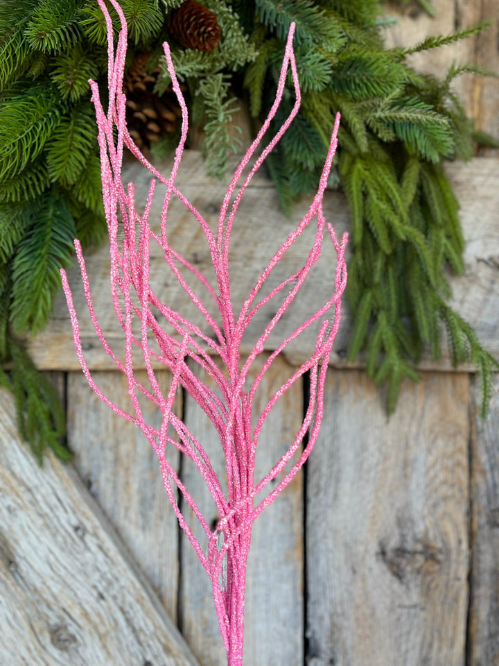 30" Pink Glitter Twig Christmas Spray, Pink Christmas Spray, Christmas Floral Stem
