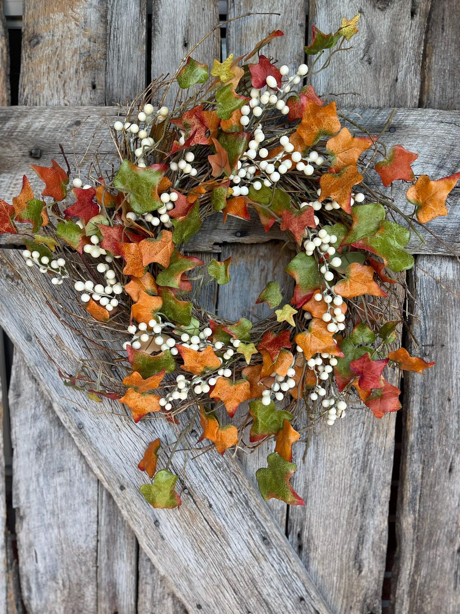 22" Fall Leaves Taupe Berry Wreath, Artificial Fall Wreath