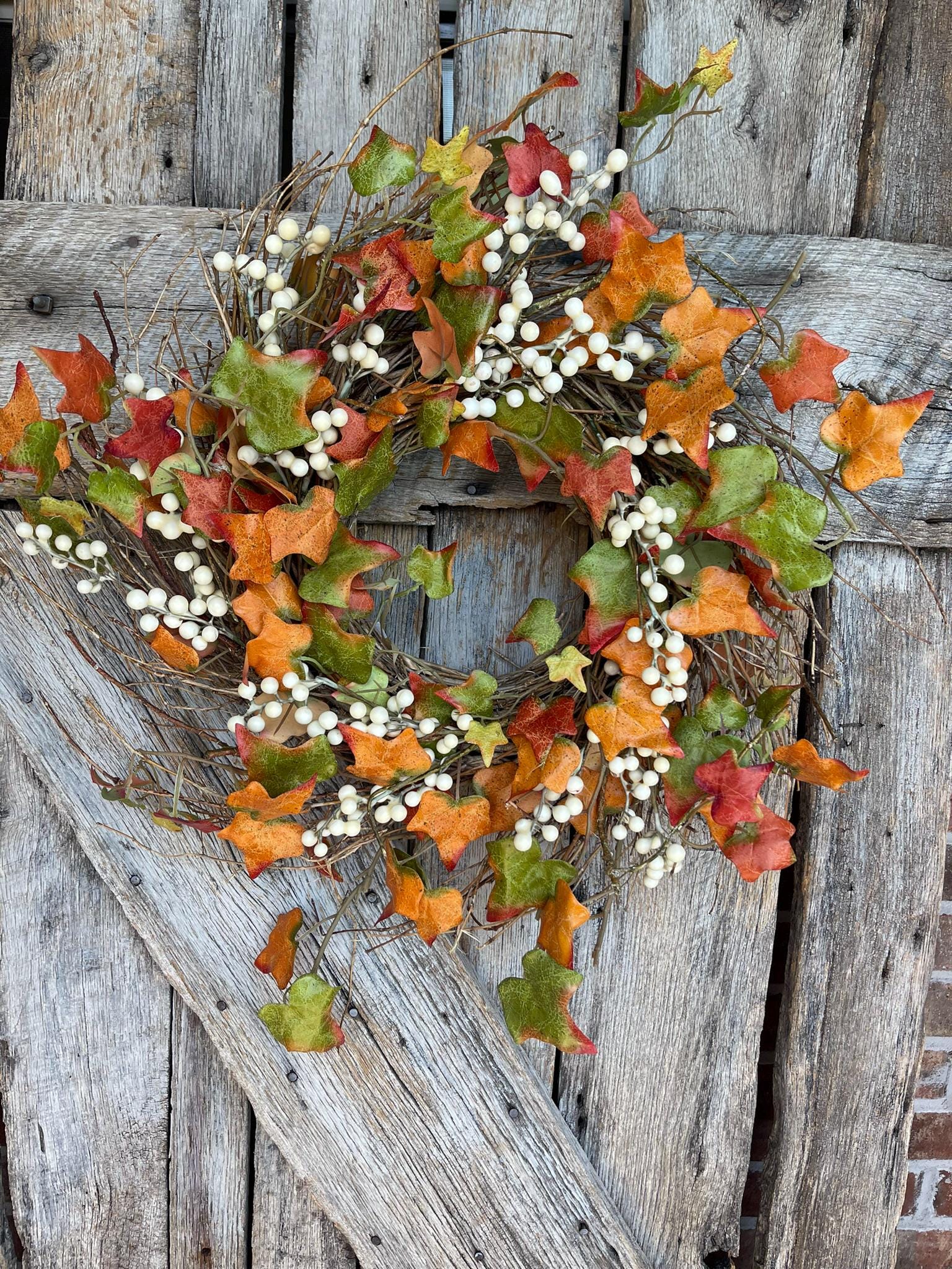 22" Fall Leaves Taupe Berry Wreath, Artificial Fall Wreath