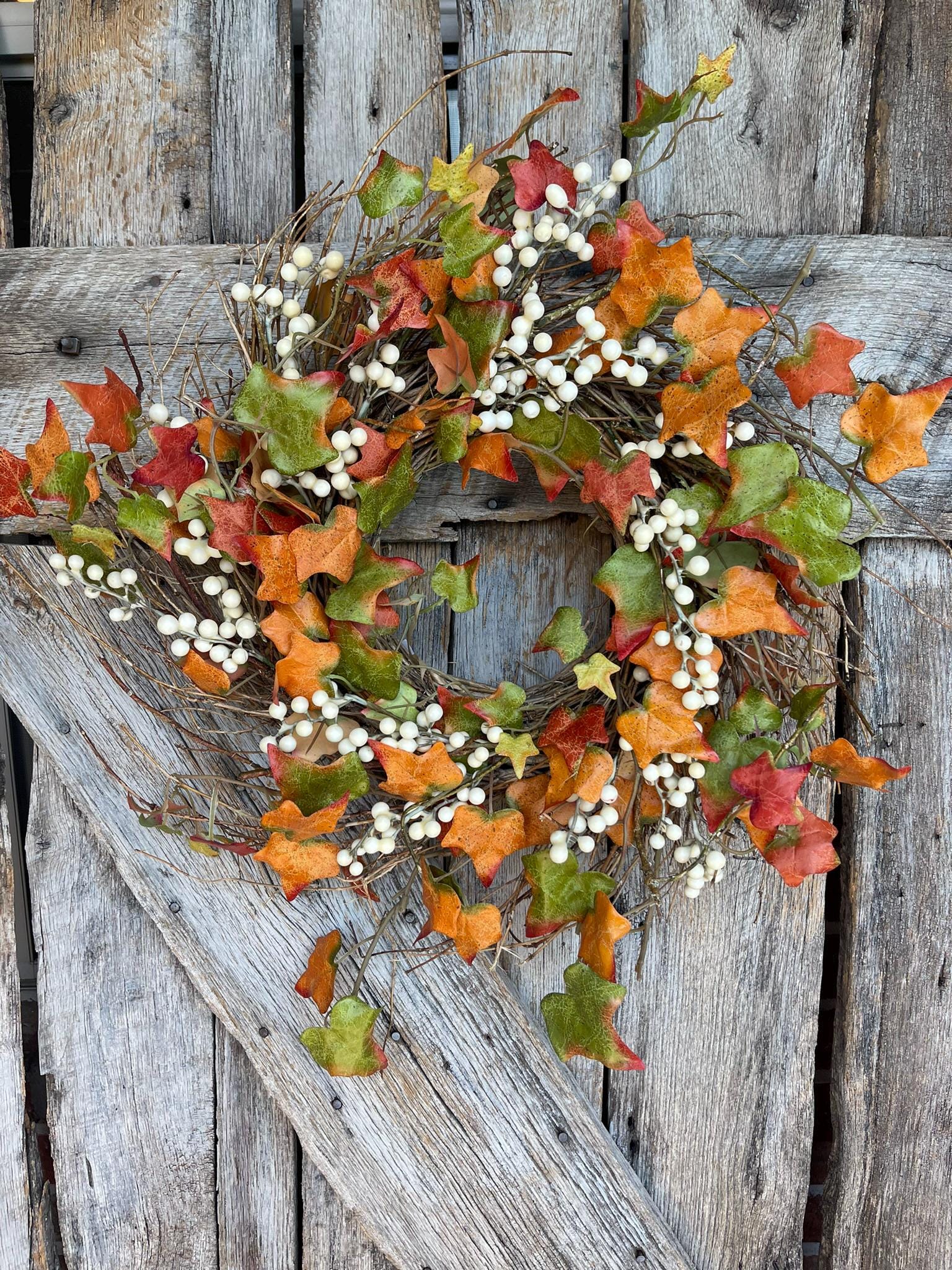 22" Fall Leaves Taupe Berry Wreath, Artificial Fall Wreath