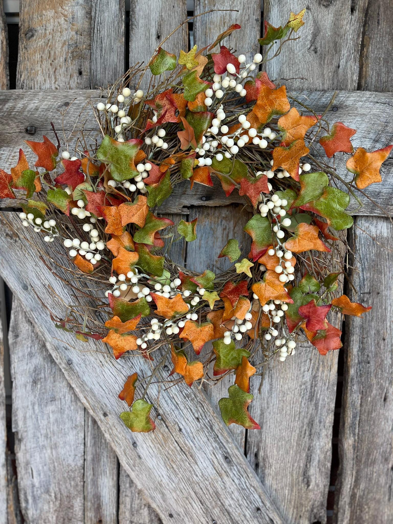 22" Fall Leaves Taupe Berry Wreath, Artificial Fall Wreath