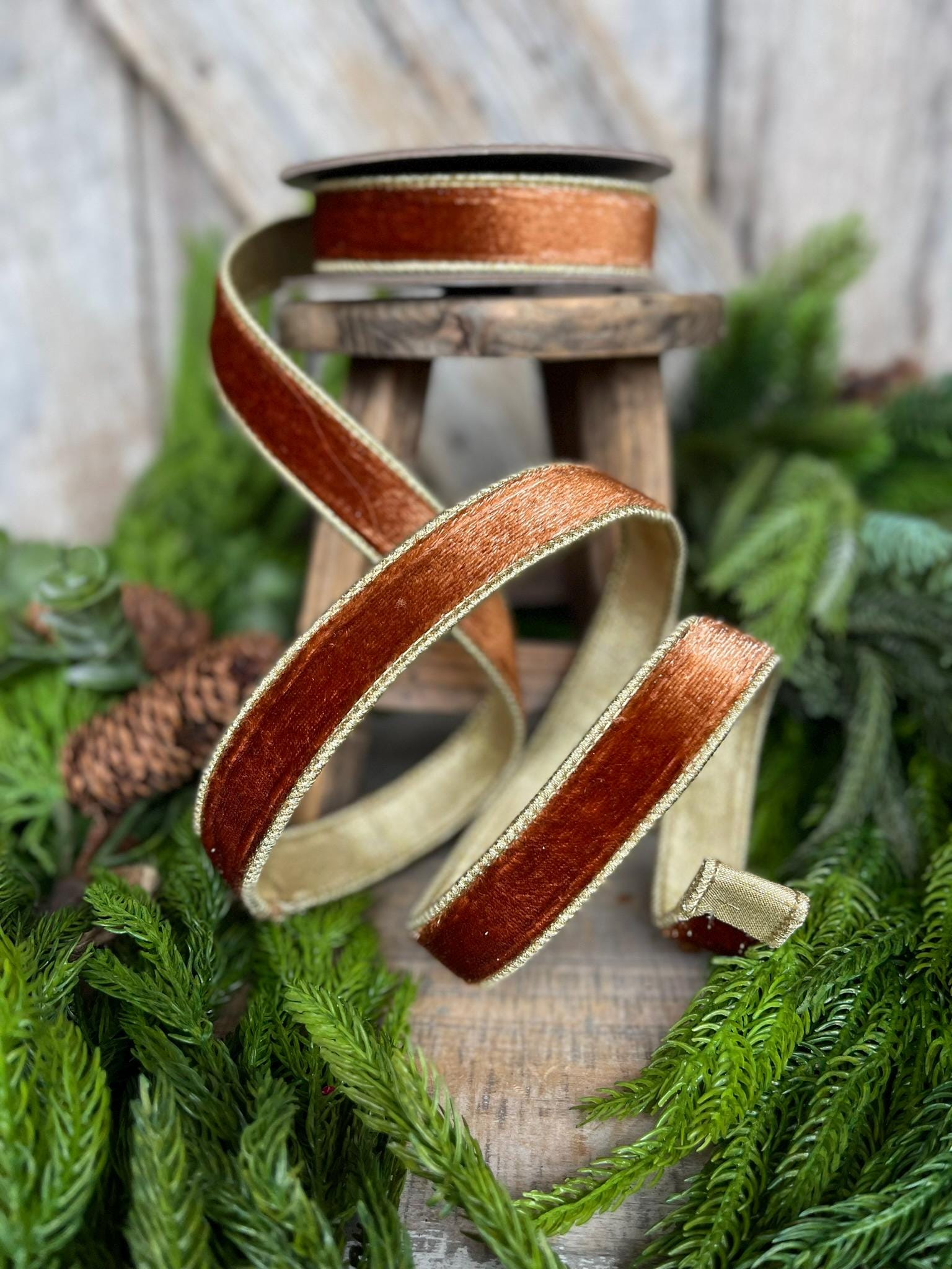 1” Bronze Wired Velvet Ribbon, 5 yards, Wired ribbon