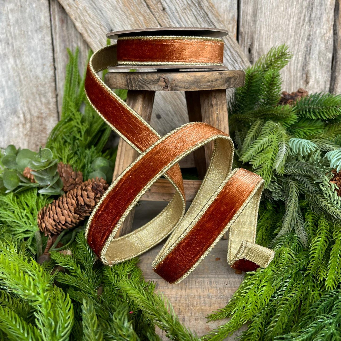 1” Bronze Wired Velvet Ribbon, 5 yards, Wired ribbon