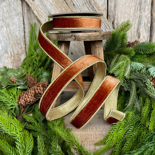 1” Bronze Wired Velvet Ribbon, 5 yards, Wired ribbon
